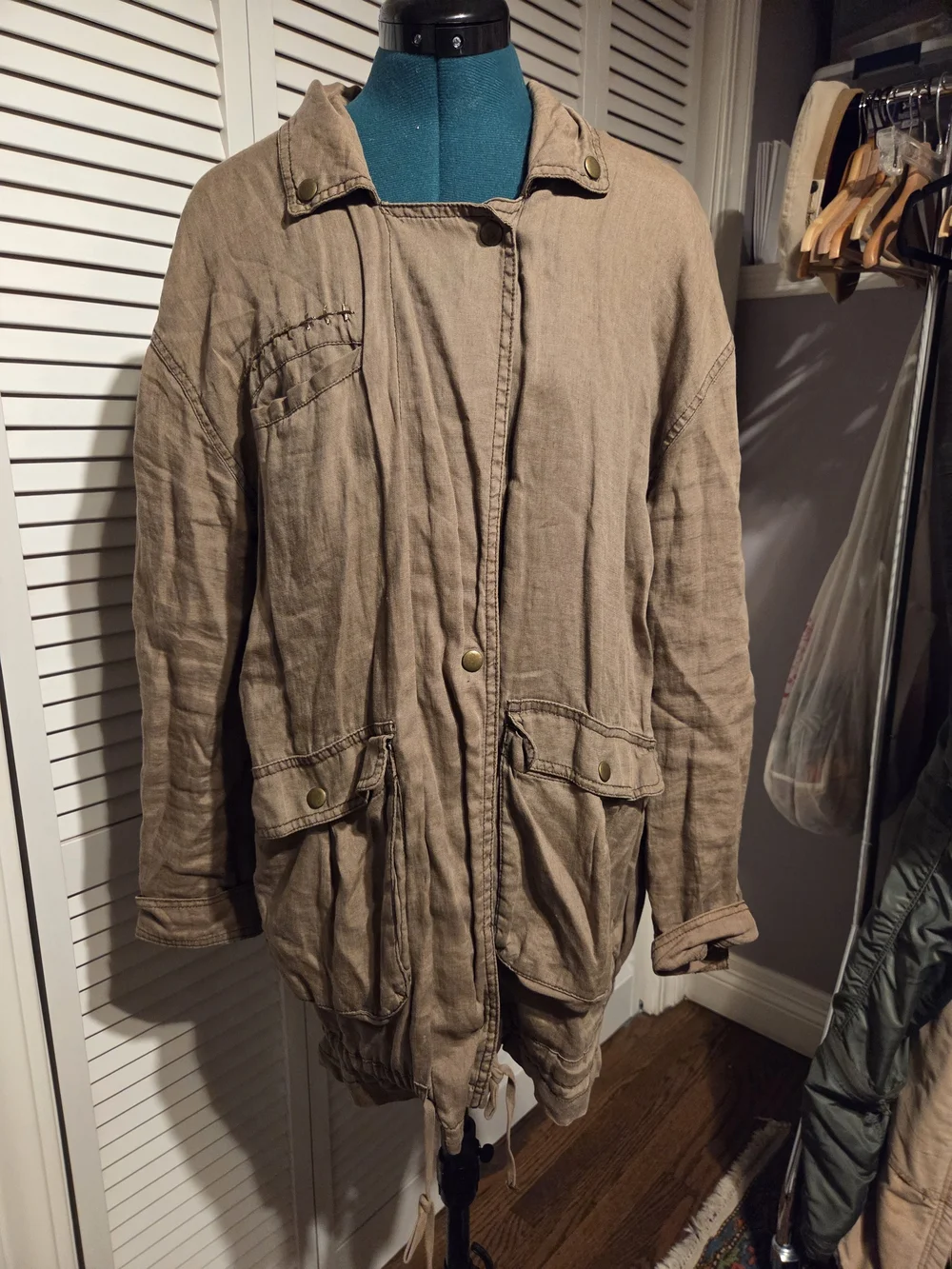 Free People Embroidered Linen-Blend Army Green Jacket - Picture 3 of 8